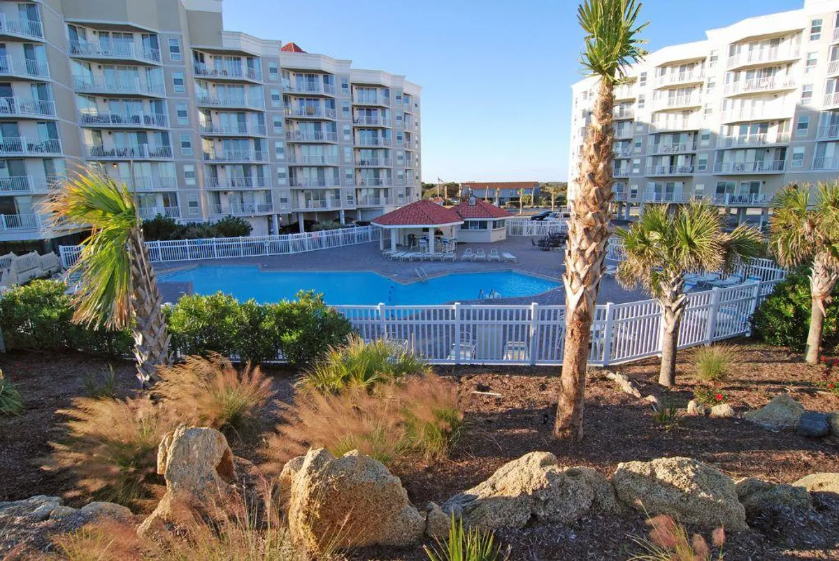 This image displays a vibrant outdoor swimming pool surrounded by lush palm trees and rocky landscaping, with the building facade in the background. The pool area is inviting, with ample space for sunbathing, socializing, and relaxing outdoors, conveying a resort-like atmosphere.